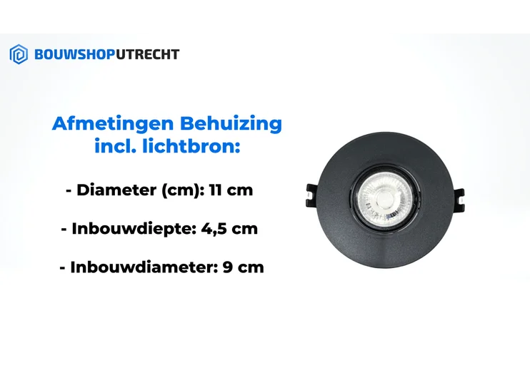 Bouwshop Utrecht - Dimbare Inbouwspot Wit - Kantelbaar - lampje naar keuze - Zwart
