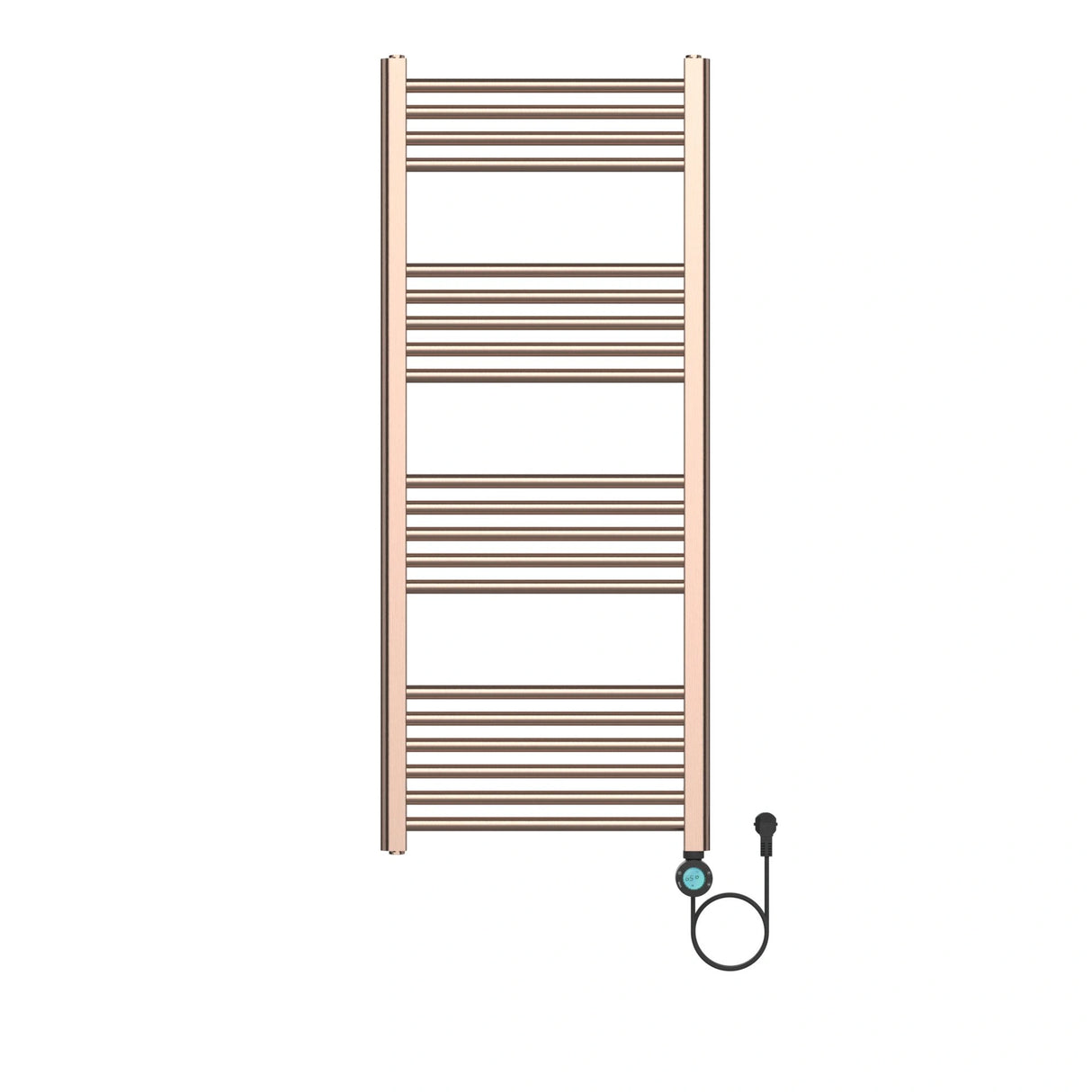 Luxe elektrische handdoekradiator Belrad in geborsteld koper met digitaal LCD-display, WiFi-bediening en 20 horizontale buizen.