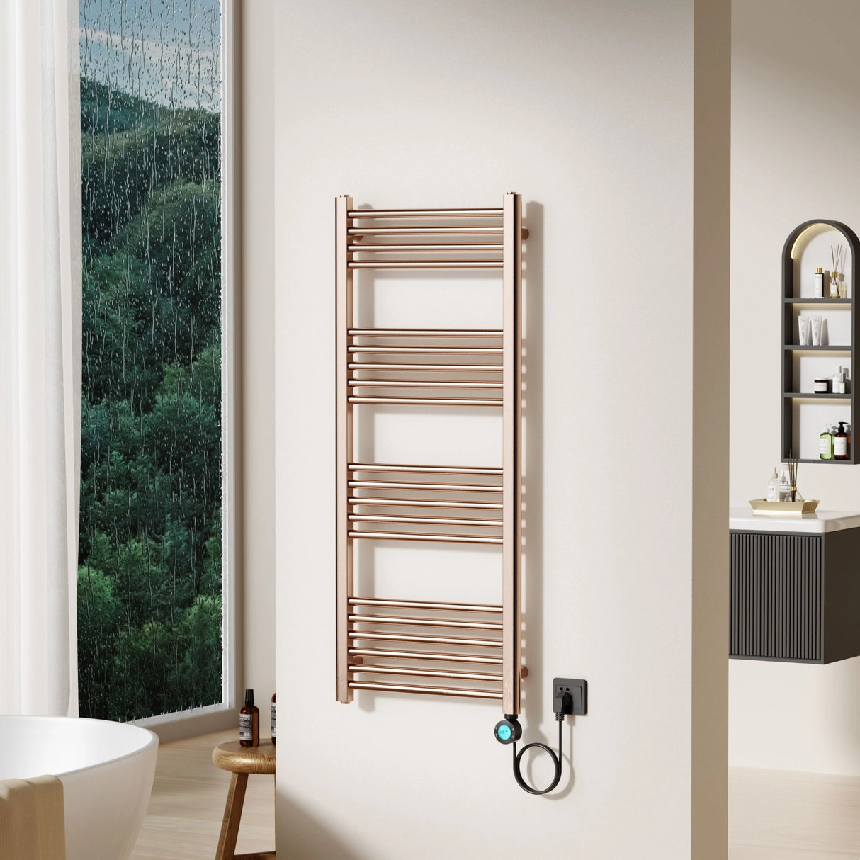 Luxe elektrische handdoekradiator Belrad in geborsteld koper met digitaal LCD-display, WiFi-bediening en 20 horizontale buizen.