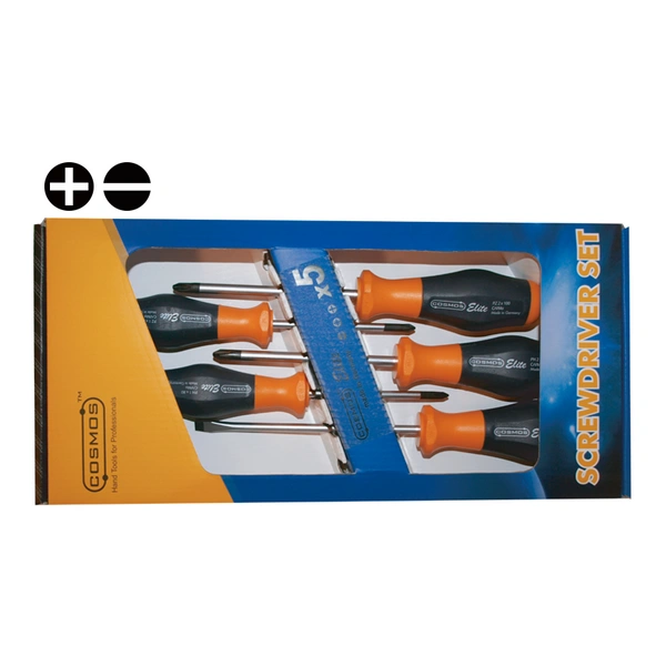 COSMOS Elite schroevendraaierset 5-delig Made in Germany CrVMo staal ergonomisch handvat PH1 PH2 SL3 SL4 SL5.5 - Bouwshop Utrecht