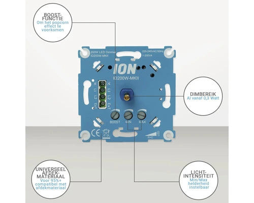 ION INDUSTRIES universele LED dimmer inbouw 0.3-200 Watt fase-afsnijding RC inclusief adapterset - Bouwshop Utrecht