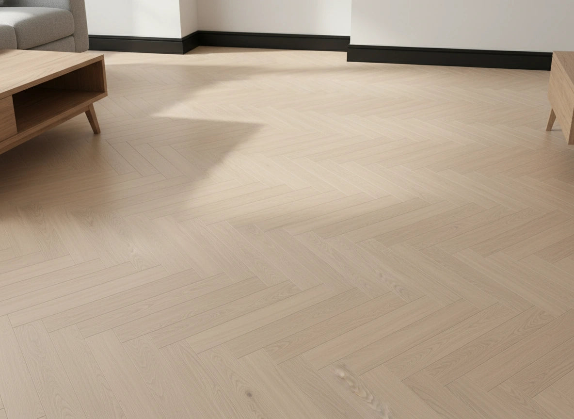 OTIUM Allure Herringbone Dryback visgraat PVC in lichtgrijs eik met realistische houtnerf.