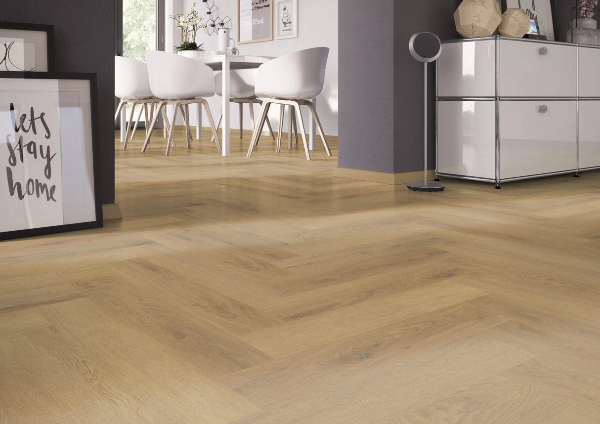 Oneflor Fine Oak Amber visgraat PVC vloer dryback verlijmbaar Victoriaanse stijl eiken - Bouwshop Utrecht
