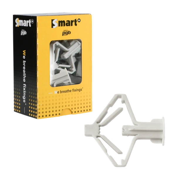 Grijze Smart nylon hollewandpluggen type PCA met brede kraag in vensterdoos van 25 stuks.