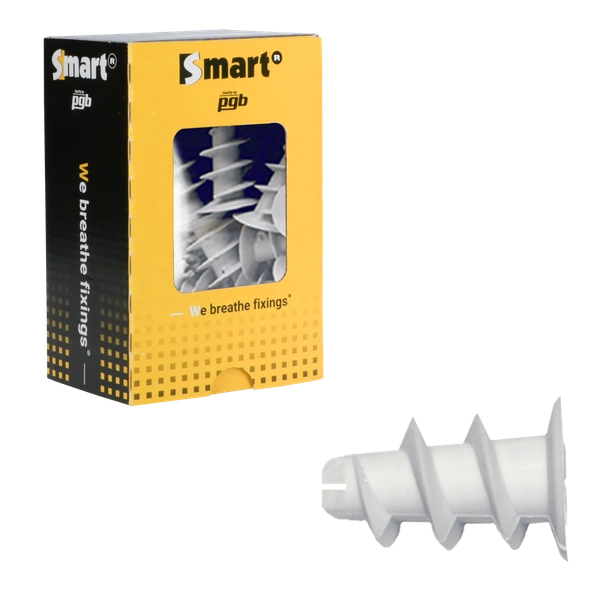 Witte korte zelfborende gipsplaatplug van Smart, 22mm lengte, voor montage in gipskarton.