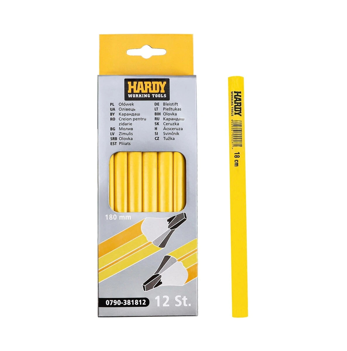 Hardy - Timmermanspotlood 18 cm – Geel, Set van 12 Stuks