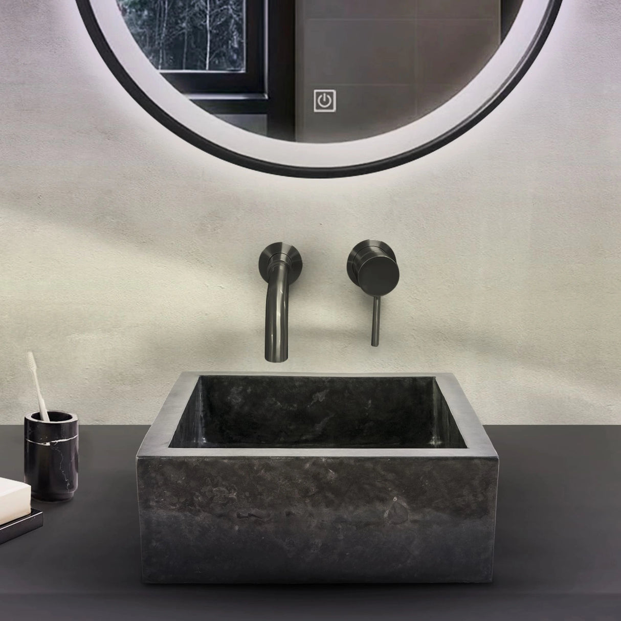 Vierkante Natuurstenen Waskom 40x40x15cm – Zwart, Gepolijst