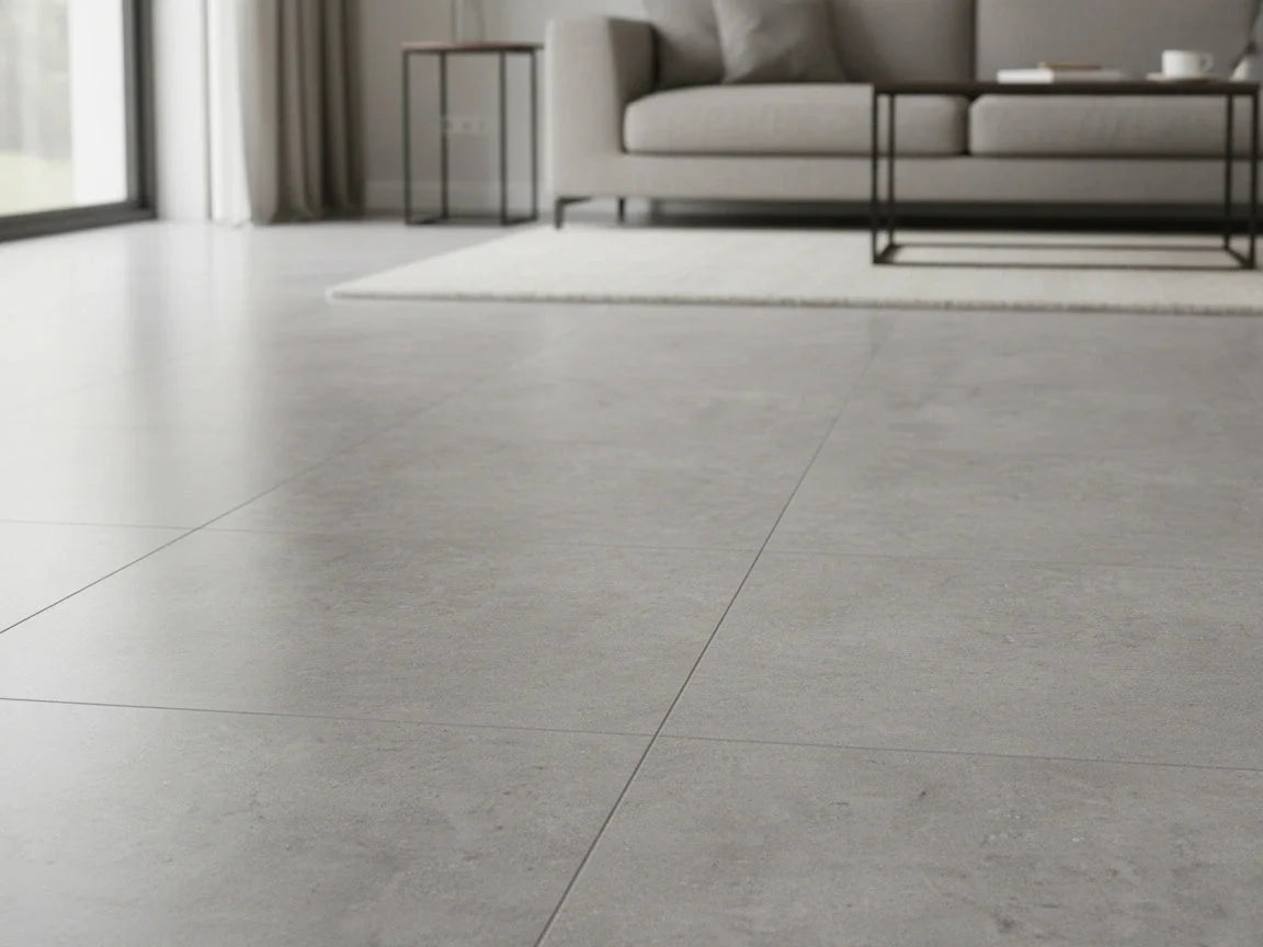 Beautifloor Artisti Donatello plak PVC tegel (Dryback) in grijze betonlook – sfeerfoto in interieur