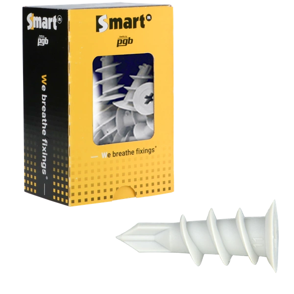 Witte zelfborende Smart nylon gipskartonpluggen type GKP met scherpe punt in vensterdoos van 50 stuks.