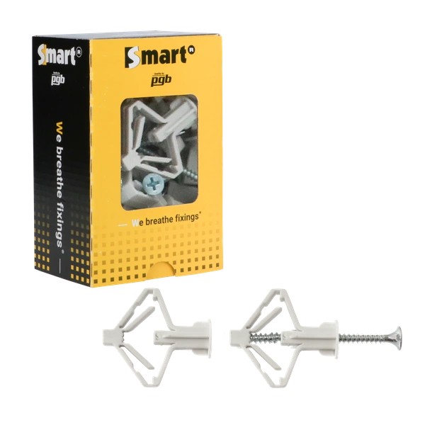 Grijze Smart nylon hollewandpluggen type PCA inclusief 55mm schroeven in vensterdoos van 25 stuks.