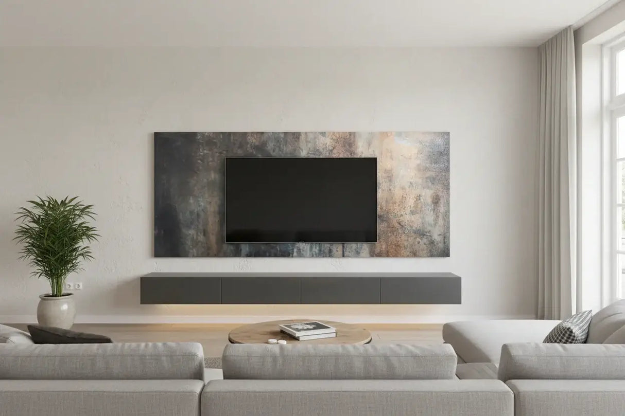 Exclusief design wandpaneel Midnight Masterpiece met abstracte donkere kleurenmix en gouden/diepblauwe accenten.