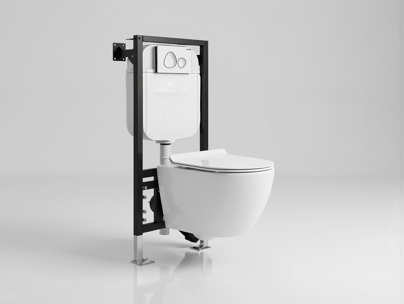 Assortiment complete toiletsets met moderne randloze hangtoiletten, inbouwreservoirs en luxe bedieningspanelen in diverse kleuren.