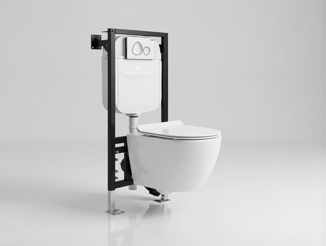 Assortiment complete toiletsets met moderne randloze hangtoiletten, inbouwreservoirs en luxe bedieningspanelen in diverse kleuren.