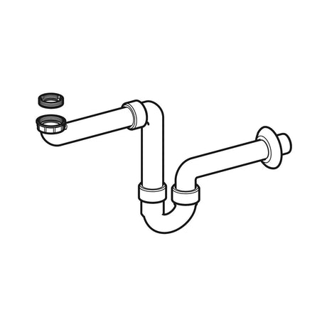 Assortiment afvoermateriaal met witte Geberit ruimtebesparende meubelsifons, PVC afvoerbuizen en wasmachine sifons voor een lekvrije badkamerinstallatie.