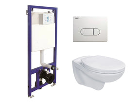 Complete Aloni Pro toiletset met randloos keramisch hangtoilet, wit bedieningspaneel en inbouwreservoir in een full-color verpakking.