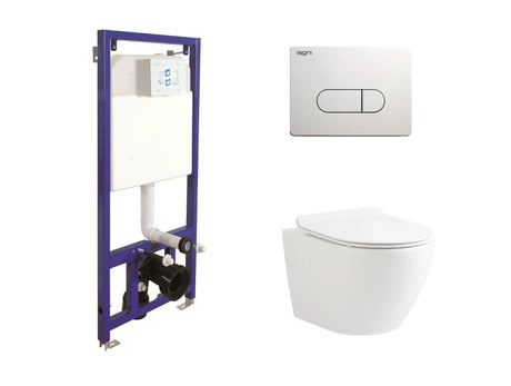 Complete Aloni toiletset met keramische Ophang WC Wit, randloos design en wit Aloni bedieningspaneel.