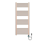 Luxe elektrische handdoekradiator Belrad in geborsteld koper met digitaal LCD-display, WiFi-bediening en 20 horizontale buizen.