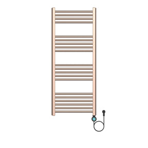 Luxe elektrische handdoekradiator Belrad in geborsteld koper met digitaal LCD-display, WiFi-bediening en 20 horizontale buizen.