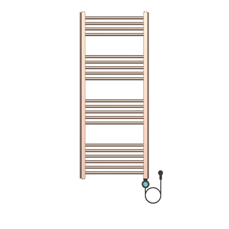 Luxe elektrische handdoekradiator Belrad in geborsteld koper met digitaal LCD-display, WiFi-bediening en 20 horizontale buizen.