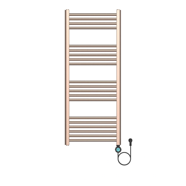 Luxe elektrische handdoekradiator Belrad in geborsteld koper met digitaal LCD-display, WiFi-bediening en 20 horizontale buizen.