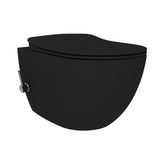 Luxe mat houtskool zwart Creavit Free hangtoilet zonder spoelrand, inclusief geïntegreerde RVS bidetsproeier en mengkraan.