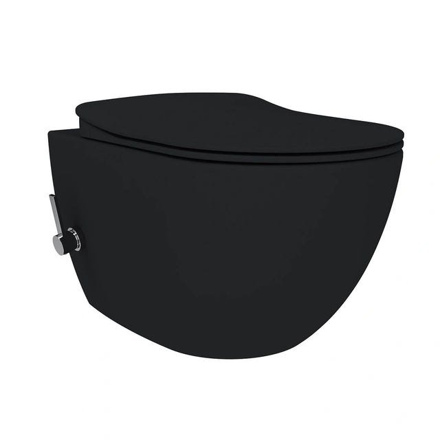 Luxe mat houtskool zwart Creavit Free hangtoilet zonder spoelrand, inclusief geïntegreerde RVS bidetsproeier en mengkraan.