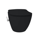 Luxe mat houtskool zwart Creavit Free hangtoilet zonder spoelrand, inclusief geïntegreerde RVS bidetsproeier en mengkraan.
