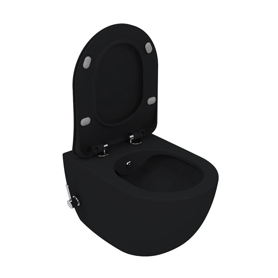Luxe mat houtskool zwart Creavit Free hangtoilet zonder spoelrand, inclusief geïntegreerde RVS bidetsproeier en mengkraan.
