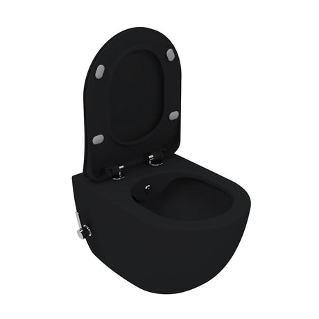 Luxe mat houtskool zwart Creavit Free hangtoilet zonder spoelrand, inclusief geïntegreerde RVS bidetsproeier en mengkraan.