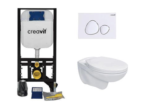 Complete Creavit toiletset met Aloni Pro randloos toilet, wit Spa bedieningspaneel en inbouwreservoir.
