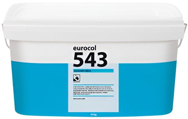 10 liter emmer Eurocol 543 Eurofix Deco dispersielijm voor het installeren van PVC-vloeren met een vachtroller.