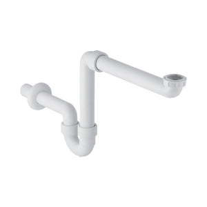 Geberit witte kunststof ruimtebesparende sifon voor badkamermeubel met horizontale afvoer.
