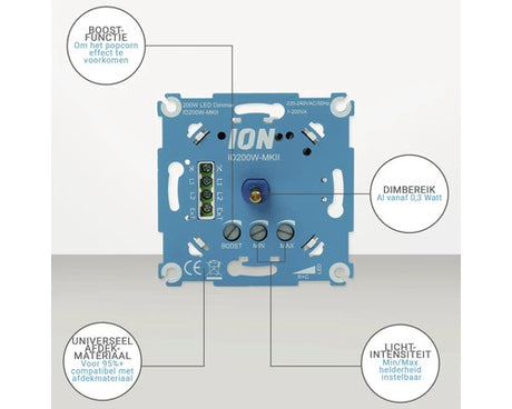 ION INDUSTRIES universele LED dimmer inbouw 0.3-200 Watt fase-afsnijding RC inclusief adapterset - Bouwshop Utrecht