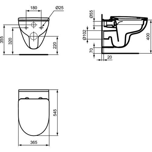 Ideal Standard - D-vormig Wandcloset - zonder Spoelrand met Zachte Zitting