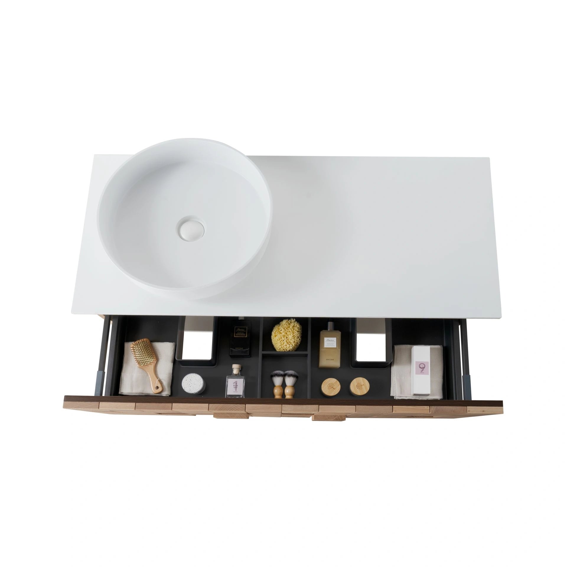 Mimoza wastafelonderkast licht eiken met 3D-reliëf, greeploze lade en essenfineer afwerking.