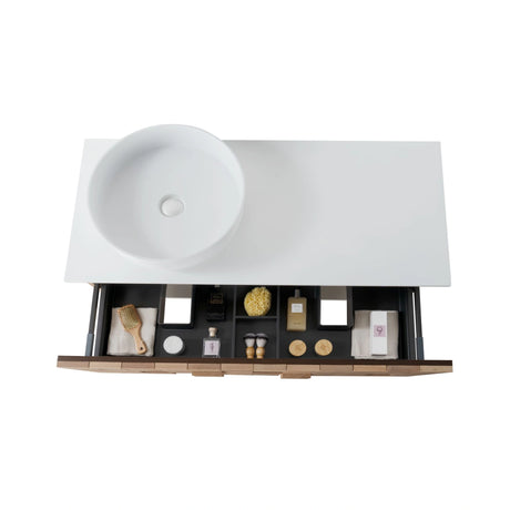 Mimoza wastafelonderkast licht eiken met 3D-reliëf, greeploze lade en essenfineer afwerking.