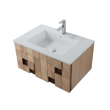 Mimoza wastafelonderkast licht eiken met 3D-reliëf, greeploze lade en essenfineer afwerking.