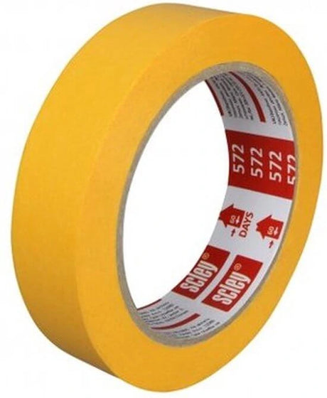 Scely Afplaktape is verkrijgbaar in 25mm, 30mm, 38mm en 48mm breedte, ideaal voor schilderwerk en afdekking. 