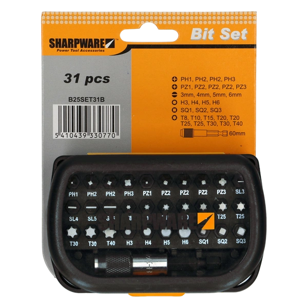 Sharpware Elite 31-delige bitset in assortimentsdoos met magnetische bithouder en CrV stalen bits.