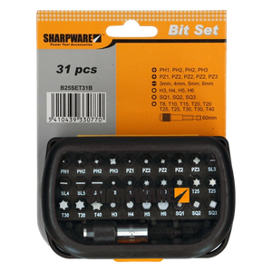 Sharpware Elite 31-delige bitset in assortimentsdoos met magnetische bithouder en CrV stalen bits.