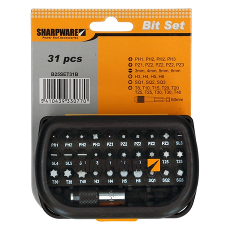 Sharpware Elite 31-delige bitset in assortimentsdoos met magnetische bithouder en CrV stalen bits.