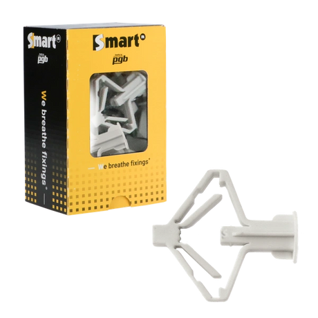 Grijze Smart nylon hollewandpluggen type PCA met brede kraag in vensterdoos van 25 stuks.