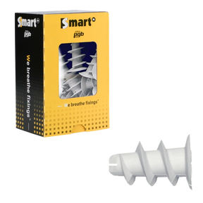 Witte korte zelfborende gipsplaatplug van Smart, 22mm lengte, voor montage in gipskarton.