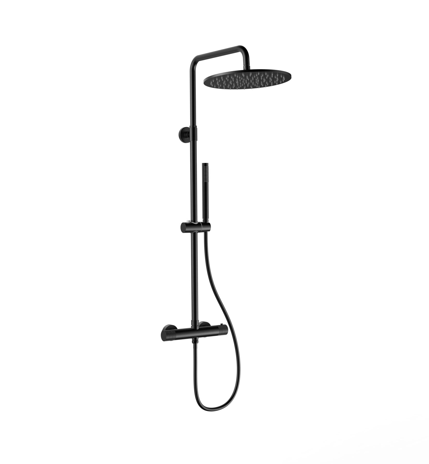 Luxe mat zwarte Stria regendoucheset met 30cm douchekop, geribbelde knoppen en PVD-coating.