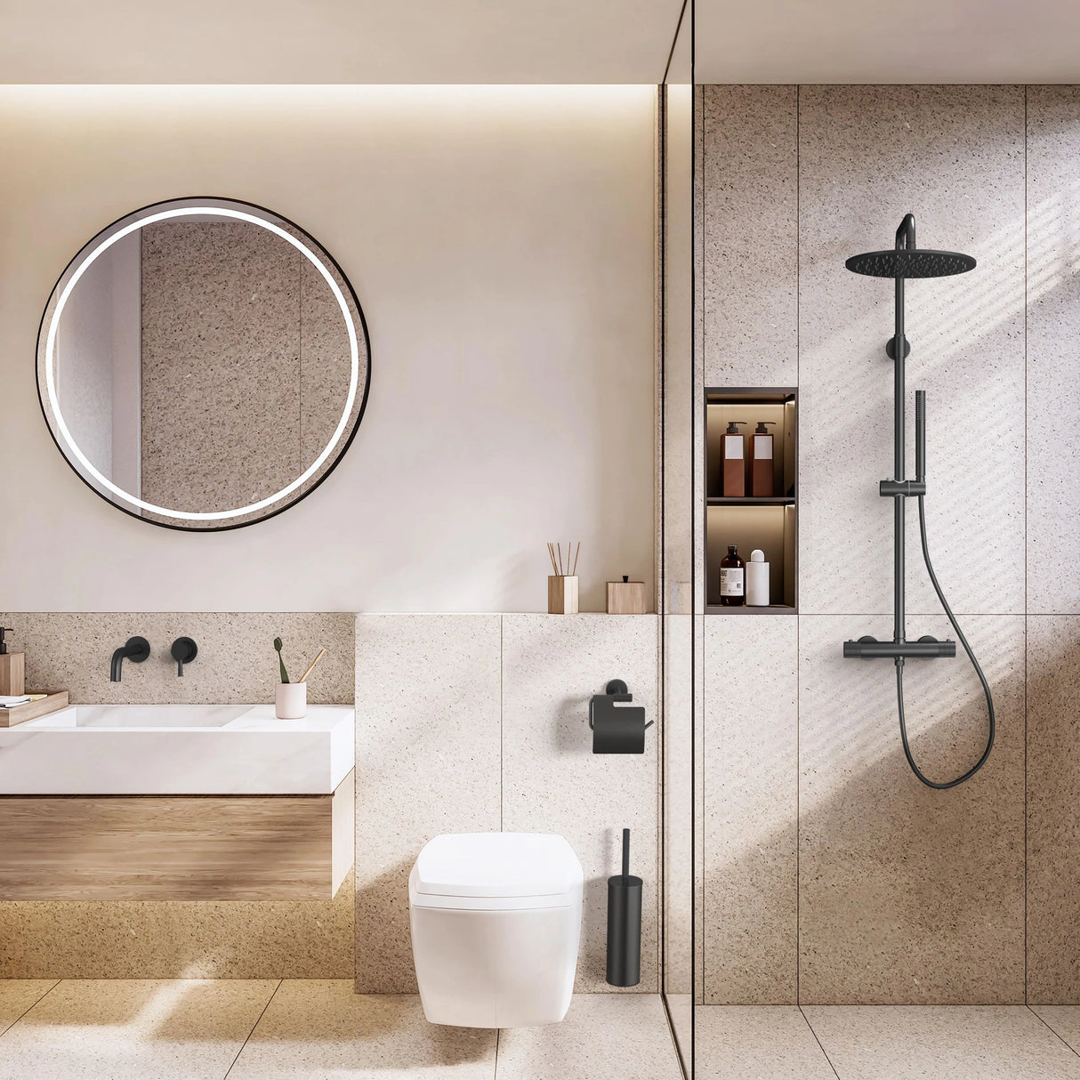 Luxe mat zwarte Stria regendoucheset met 30cm douchekop, geribbelde knoppen en PVD-coating.