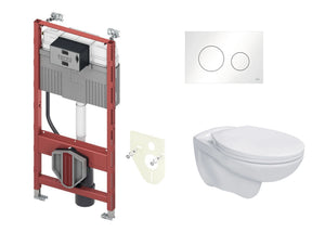 Complete toiletset bestaande uit TECEprofil inbouwreservoir en Aloni Pro randloos hangtoilet met wit bedieningspaneel.