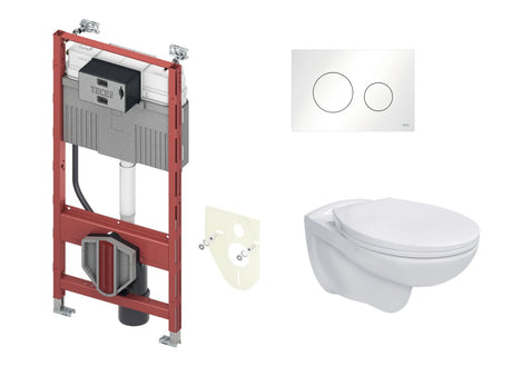Complete toiletset bestaande uit TECEprofil inbouwreservoir en Aloni Pro randloos hangtoilet met wit bedieningspaneel.