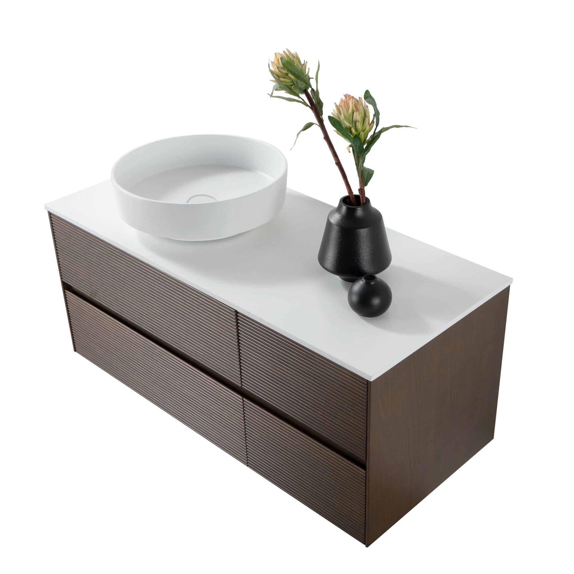 Wonda mat wit kunstmarmeren tablet voor badkamermeubel, beschikbaar in 80cm en 120cm breedte.