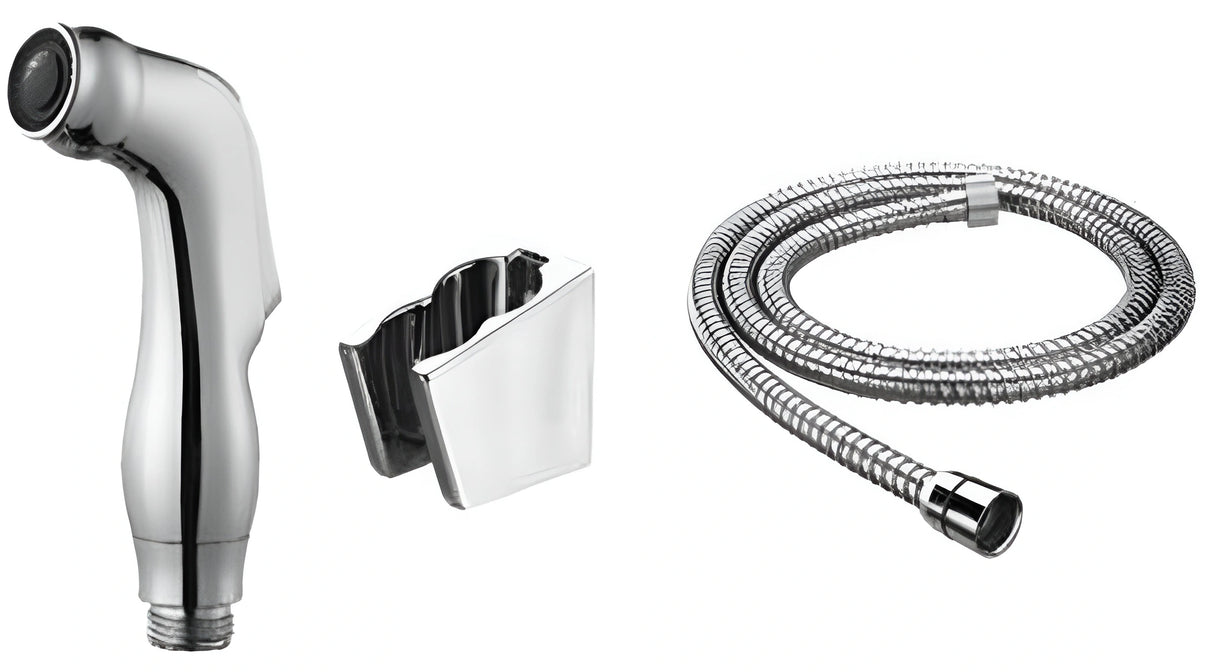 Aloni bidethanddouche set uitgevoerd in chroom met flexibele metalen slang en wandbevestiging.