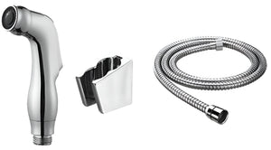 Aloni bidethanddouche set uitgevoerd in chroom met flexibele metalen slang en wandbevestiging.